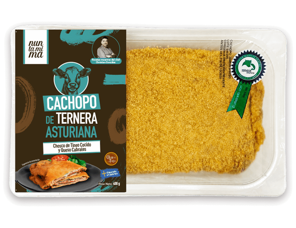 Cachopo de Ternera Asturiana con Chosco de Tineo y queso Cabrales en formato retail.