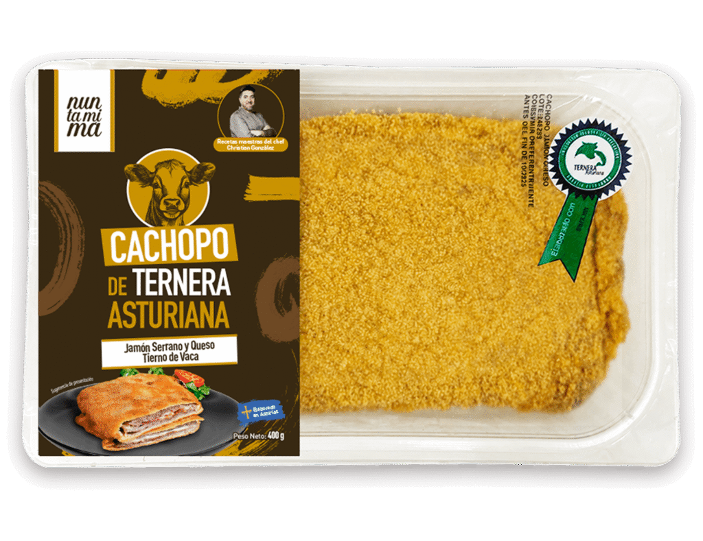 Cachopo de Ternera Asturiana con jamón serrano y queso tierno de vaca en formato retail.