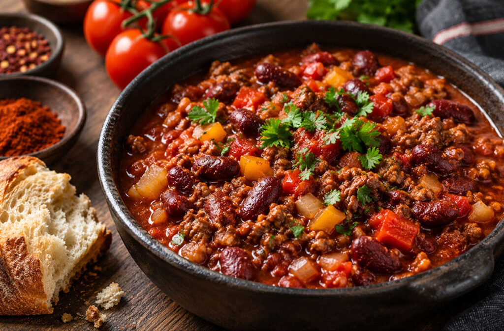Chili con carne elaborado con carne picada de cerdo y ternera, frijoles y especias mexicanas.