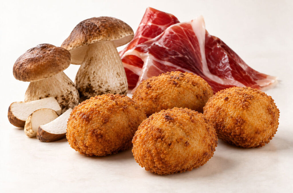 Croquetas artesanas de boletus y jamón ibérico.