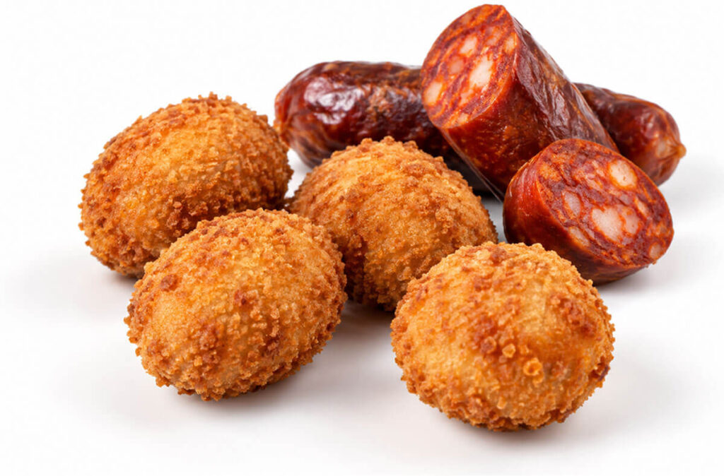 Croquetas artesanas de chorizo ahumado asturiano y ajo tostado.