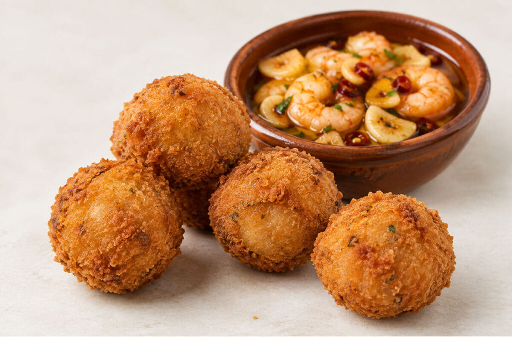 Croquetas artesanas de gambas al ajillo.