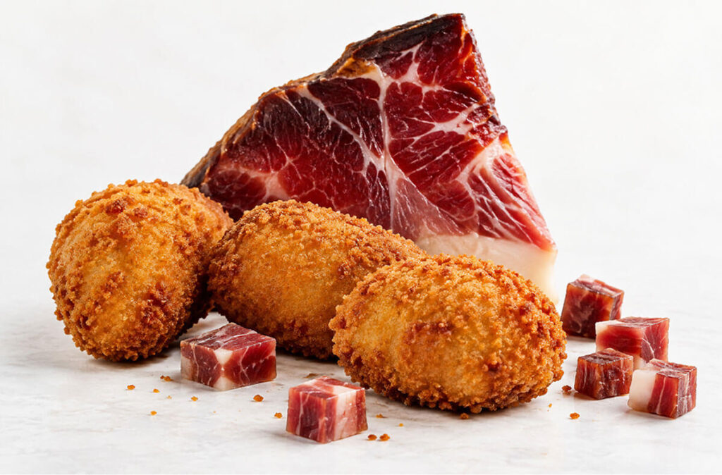 Croquetas artesanas de jamón de bodega con pieza y dados de jamón.