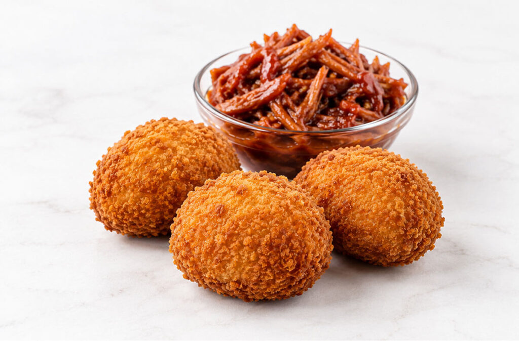 Croquetas artesanas de pulled pork BBQ con carne de cerdo desmechada.
