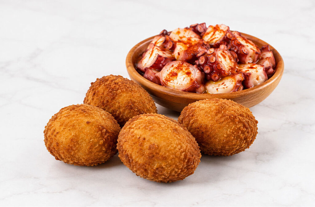 Croquetas artesanas de pulpo a la gallega con pulpo como ingrediente principal.
