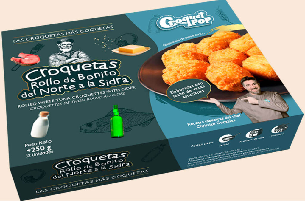 Croquetas artesanas de bonito del norte a la sidra en formato retail.
