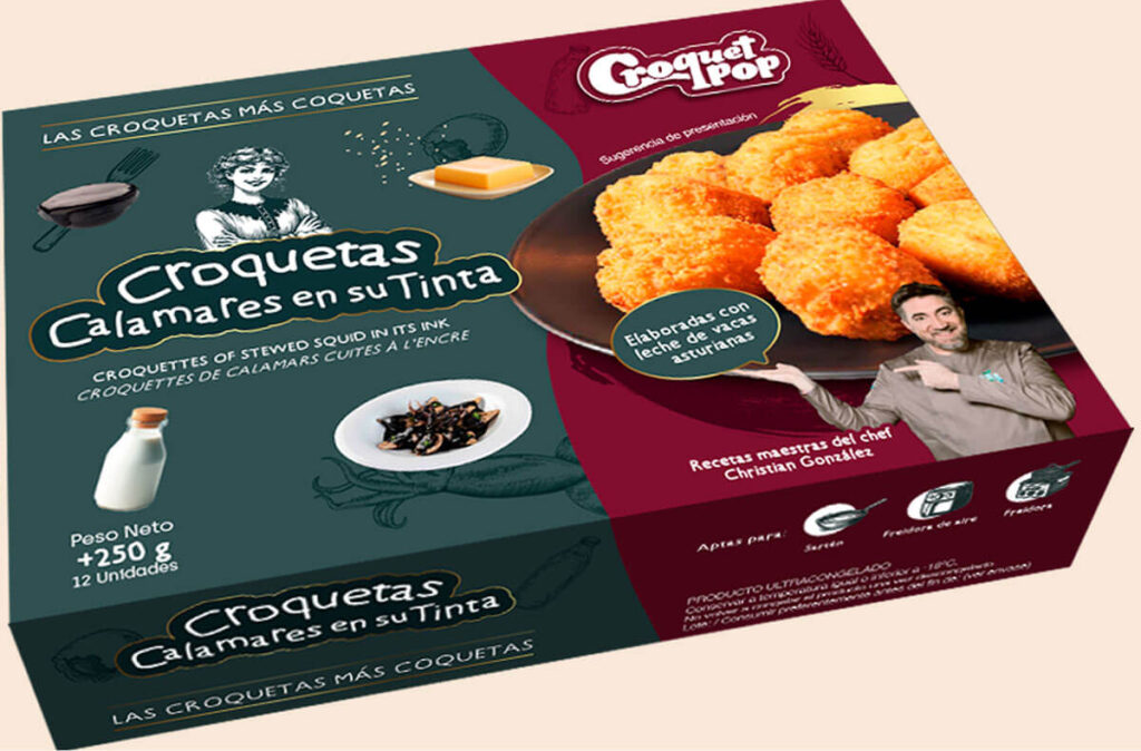 Croquetas artesanas de calamares en su tinta en formato retail.