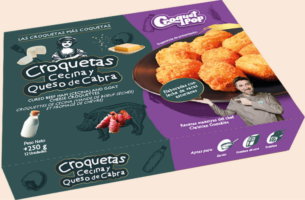 Croquetas artesanas de cecina de León y queso de cabra en formato retail.