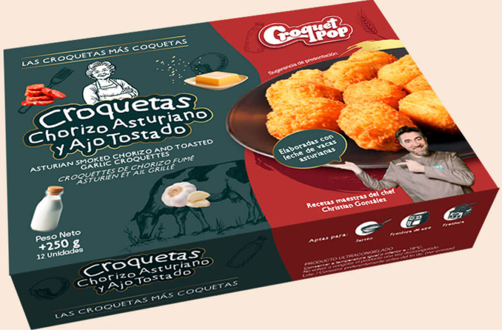 Croquetas artesanas de chorizo asturiano y ajo tostado en formato retail.