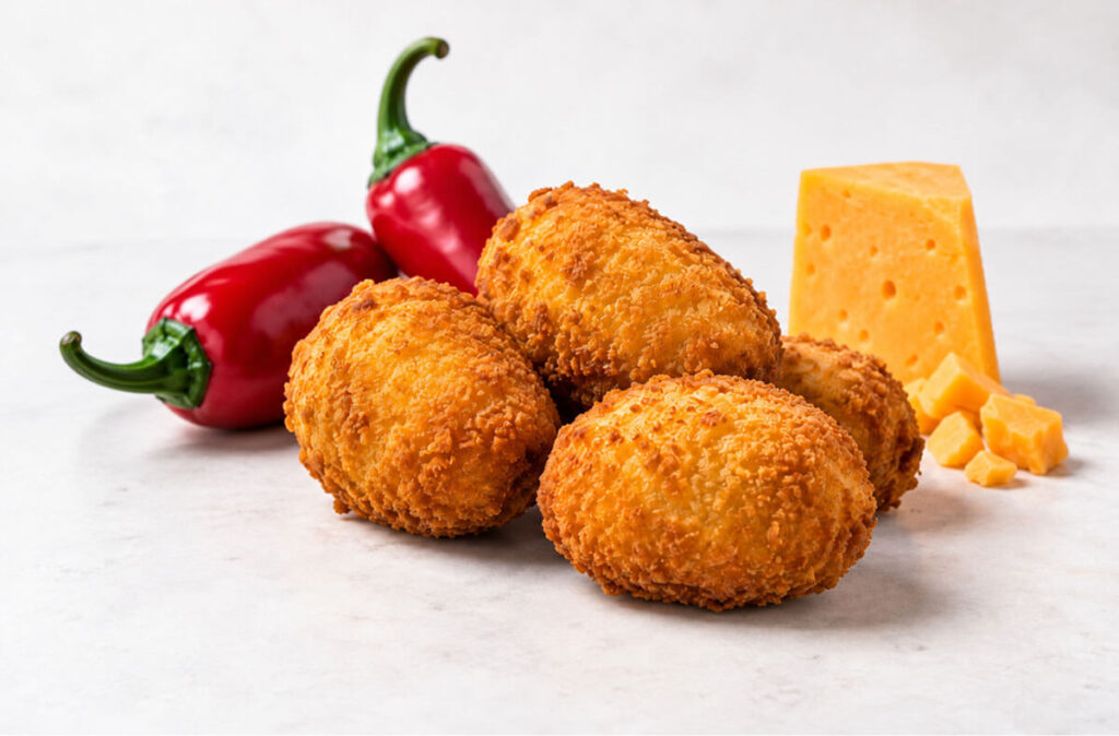 Croquetas artesanas de jalapeños y queso cheddar.