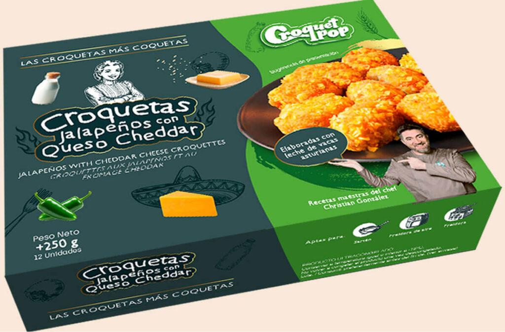 Croquetas artesanas de jalapeños y queso cheddar en formato retail.