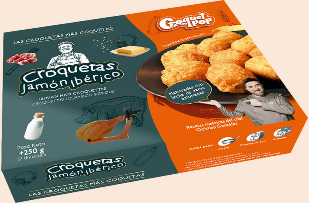 Croquetas artesanas de jamón ibérico en formato retail.