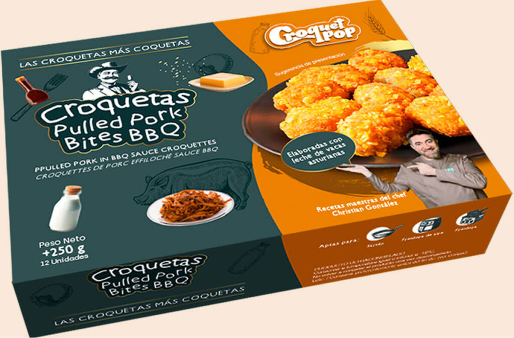 Croquetas artesanas de pulled pork BBQ en formato retail.