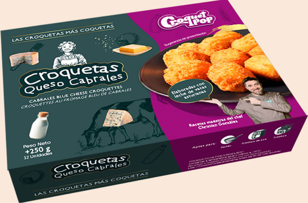 Croquetas artesanas de queso Cabrales en formato retail.