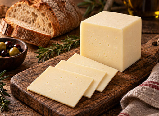 Queso de vaca cremoso en bloque y lonchas.