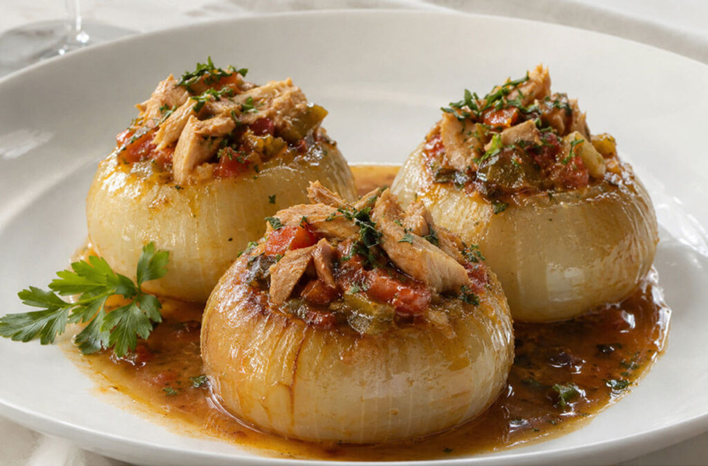 - Texto alternativo: Cebollas confitadas rellenas de bonito del norte y pisto.