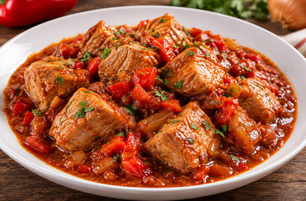 Magro de cerdo guisado en salsa con pimientos.