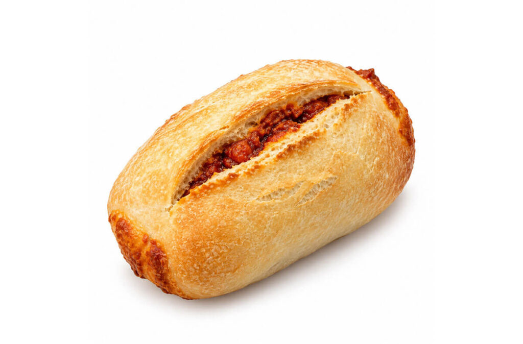 Bollo preñao de chorizo elaborado con pan de trigo y relleno tradicional.